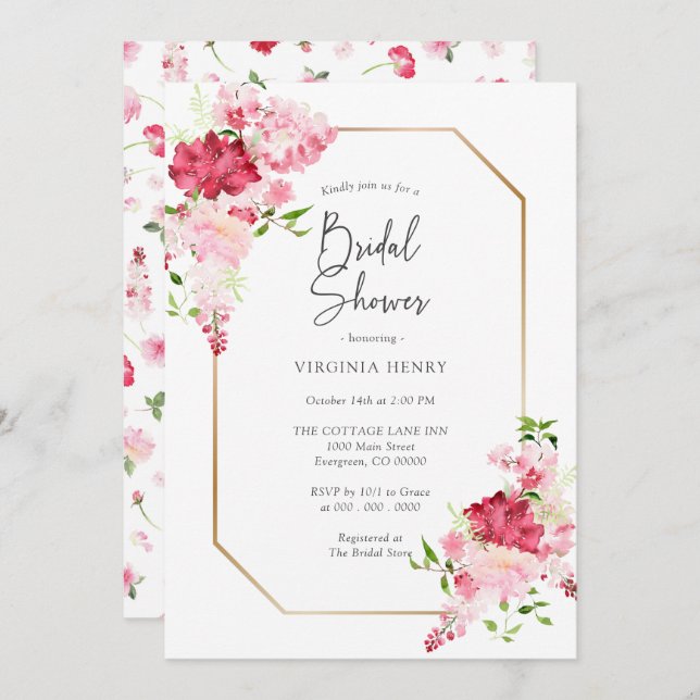 Red Pink Floral Bridal Shower Invitation (Front/Back)