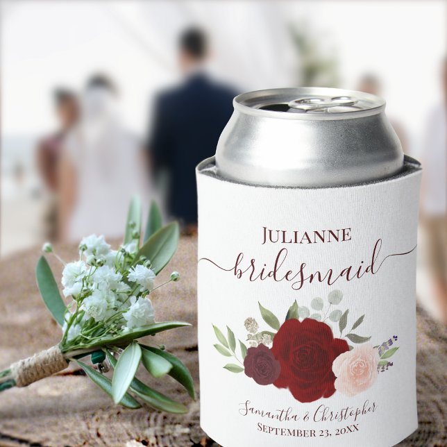 Red & Pink Floral Elegant Bridesmaid Wedding Can Cooler (Creator Uploaded)