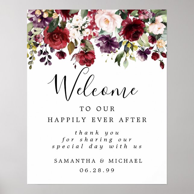 Red Pink Floral Elegant Wedding Welcome Sign (Front)