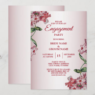 Red Pink Floral Green Leaves Engagement Party Invitation