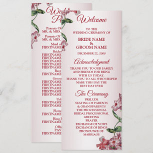Red Pink Floral Green Leaves Modern Wedding Programme