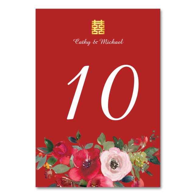 Red pink floral modern double happiness wedding table number (Front)