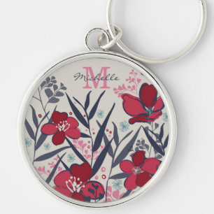 Red & Pink Floral Monogram Name Key Ring