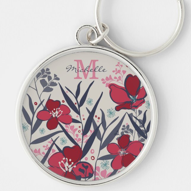 Red & Pink Floral Monogram Name Key Ring (Front)