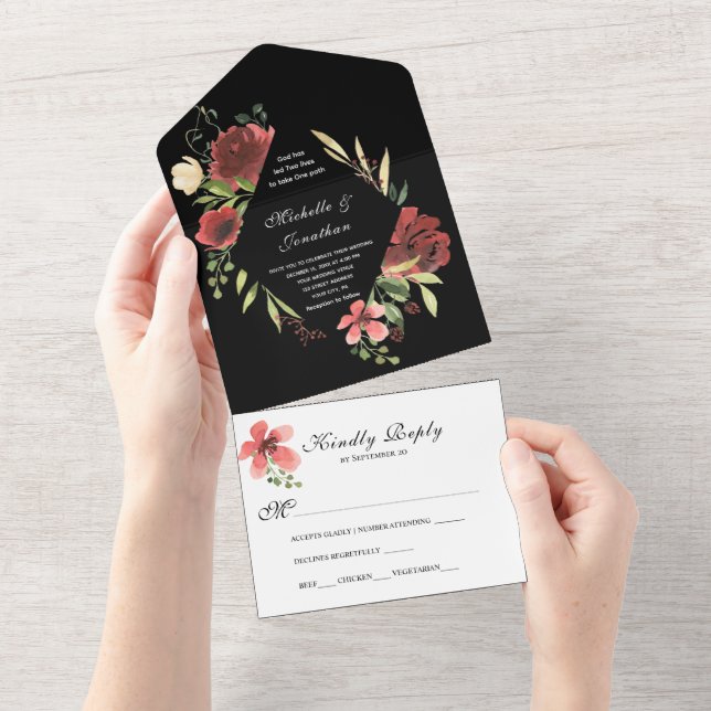 Red Pink Floral on Black & White Christian Wedding All In One Invitation (Tearaway)