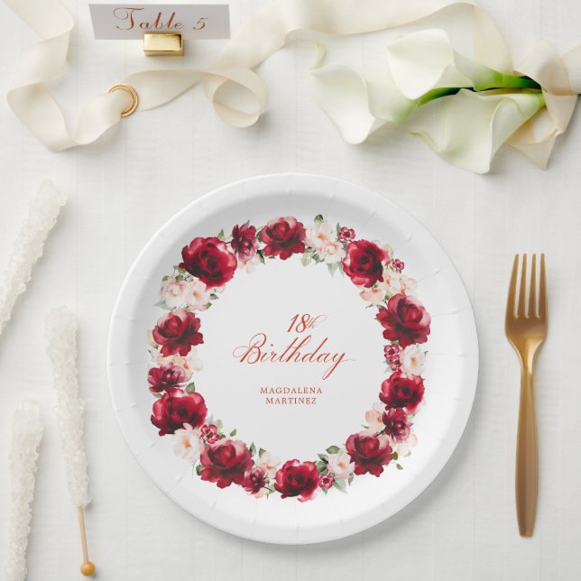 Red Pink Floral Personalised 18th Birthday Party Paper Plate (Wedding)