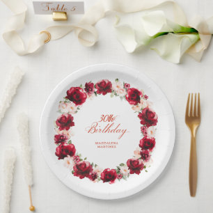Red Pink Floral Personalised 30th Birthday Party Paper Plate
