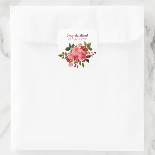 Red Pink Floral Rose Graduation Square Sticker (Bag)