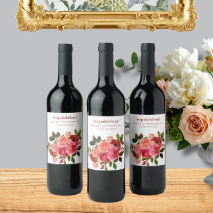 Red Pink Floral Rose Graduation Wine Label