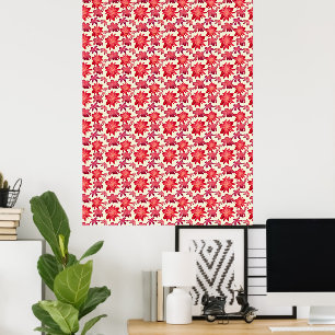 Red Pink Floral Seamless Pattern Dark Aesthetic Poster