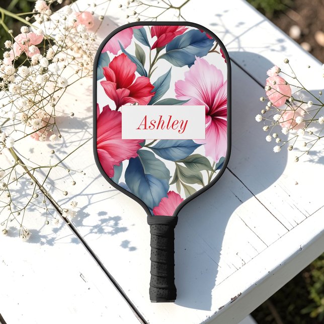Red Pink Floral Watercolor Elegant Pickleball Paddle (Creator Uploaded)
