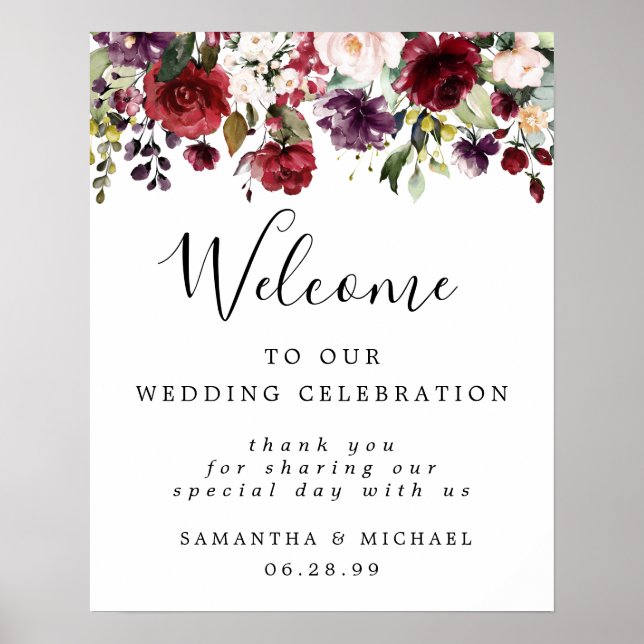 Red Pink Floral Welcome to Our Wedding Sign (Front)