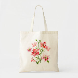 Red pink floral wild flower print tote bag