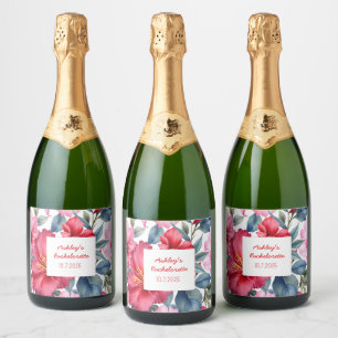 Red Pink Flowers Bachelorette Tropical   Sparkling Wine Label