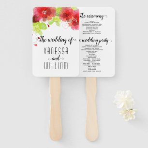 Red, pink flowers cursive script wedding program hand fan