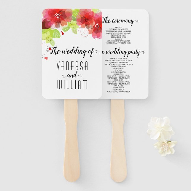 Red, pink flowers cursive script wedding program hand fan (Front and Back)