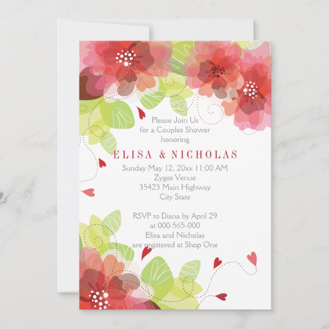 Red, pink flowers floral wedding couples shower invitation (Front)