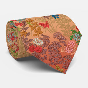RED PINK FLOWERS,LEAVES ANTIQUE JAPANESE FLORAL TIE