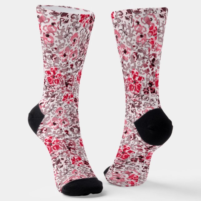 Red, pink flowers on a spotted leopard background. socks (Angled)