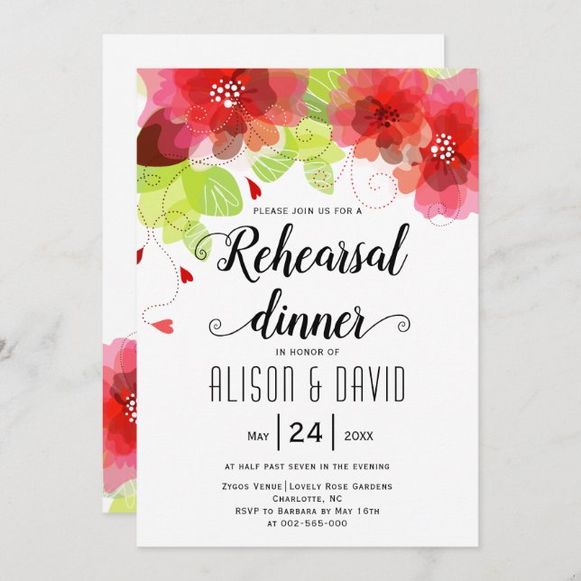 Red, pink flowers wedding rehearsal dinner invitation (Front/Back)