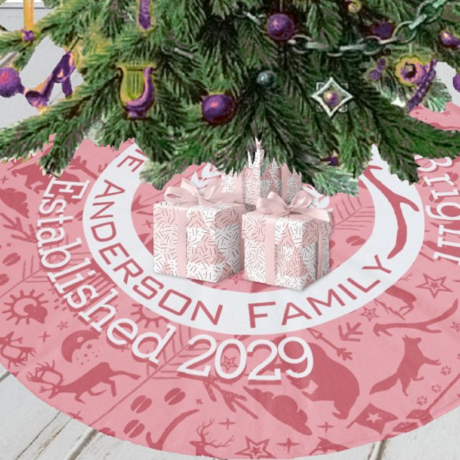 Red Pink Forest Christmas Family Name Reindeer  Fleece Tree Skirt (Creator Uploaded)