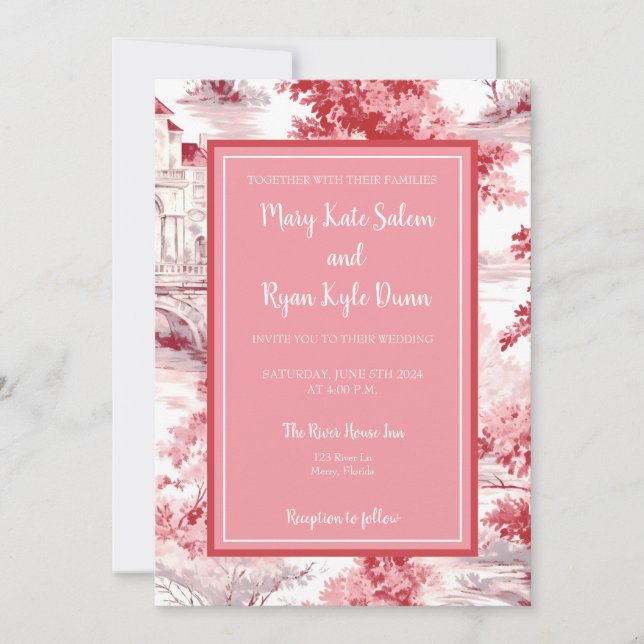 Red Pink French Toile Wedding Invitation (Front)