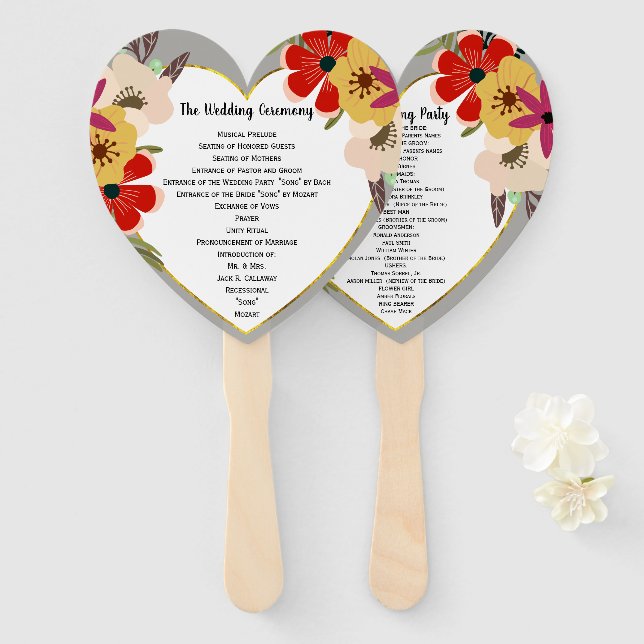 Red Pink Gold Boho Floral Wedding Program Fan (Front and Back)
