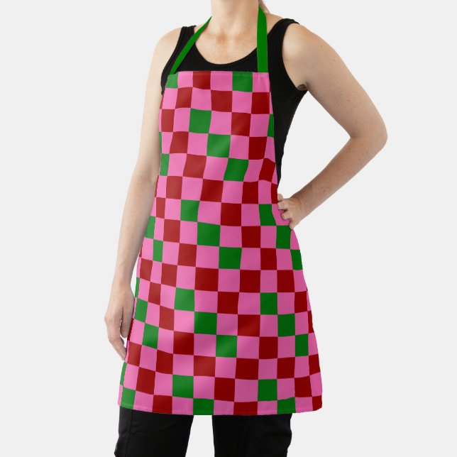 Red Pink Green Chequered Pattern Design  Apron (Insitu)