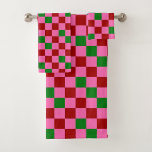 Red Pink Green Chequered Pattern Design  Bath Towel Set