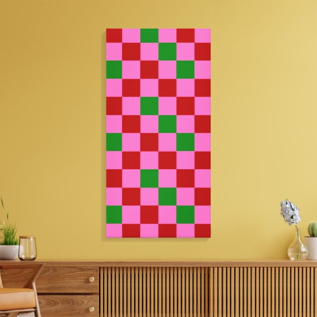 Red Pink Green Chequered Pattern Design  Canvas Print (Insitu(LivingRoom))