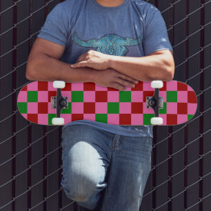 Red Pink Green Chequered Pattern Design  Skateboard