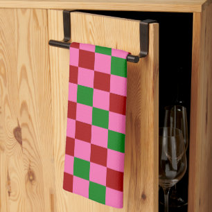 Red Pink Green Chequered Pattern Design Tea Towel