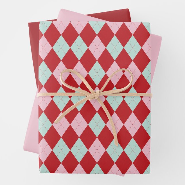 Red Pink & Green Christmas Argyle Wrapping Paper Sheet (In situ)