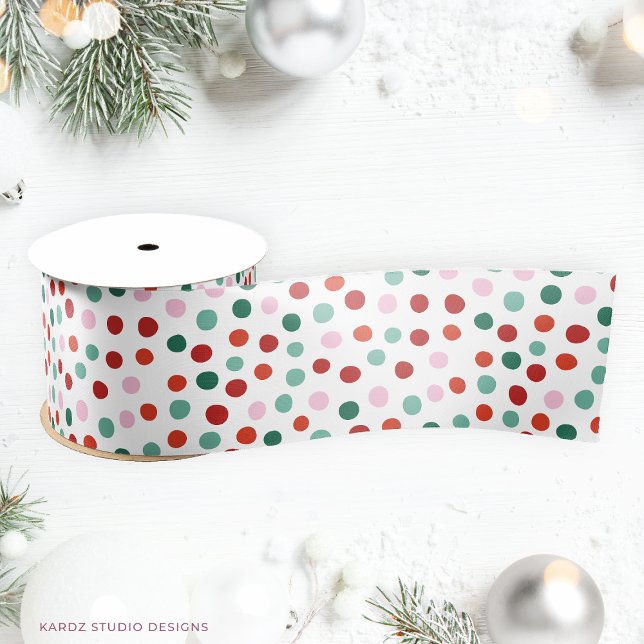 Red, Pink, Green Christmas Cheer Confetti Ribbon Satin Ribbon (Ribbon shown in 3 inches wide. Choose size and satin or grosgrain finish.)