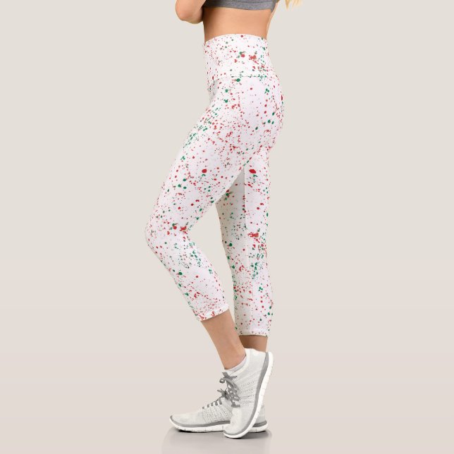 Red Pink Green Paint Splatter Abstract Pattern Capri Leggings (Left)