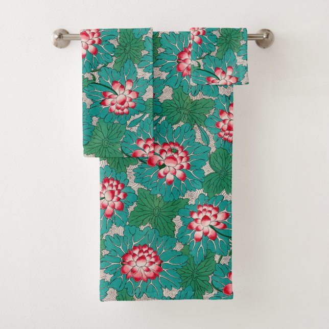 Red Pink Green Teal Chinese Lotuses Pattern Bath Towel Set (Insitu)