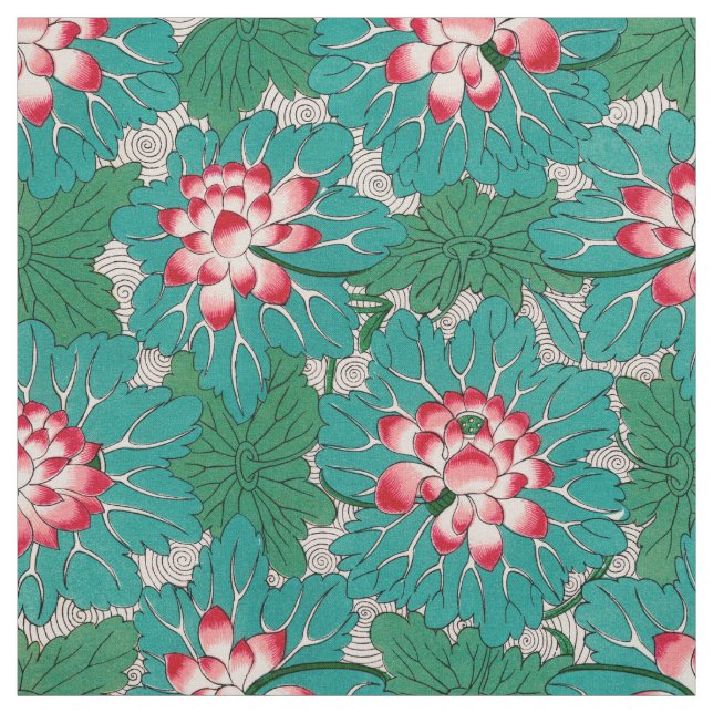 Red Pink Green Teal Chinese Lotuses Pattern Fabric (Swatch)