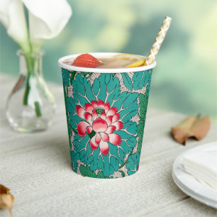 Red Pink Green Teal Chinese Lotuses Pattern Paper Cups