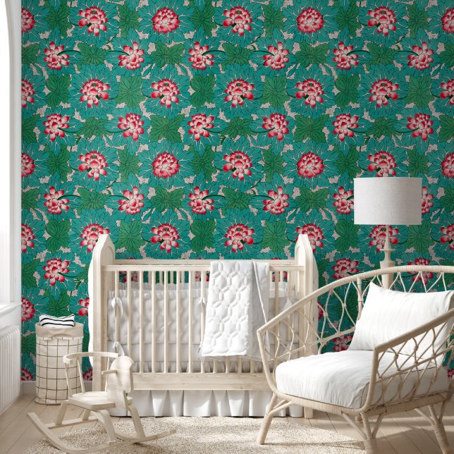 Red Pink Green Teal Chinese Lotuses Pattern Wallpaper (Kids)