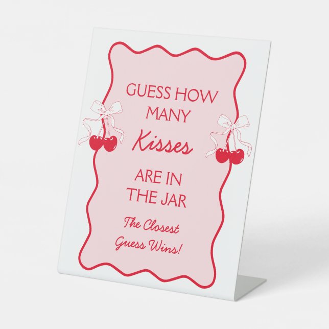 Red Pink Guess How Many Kisses Bridal Shower Game Pedestal Sign (Front)