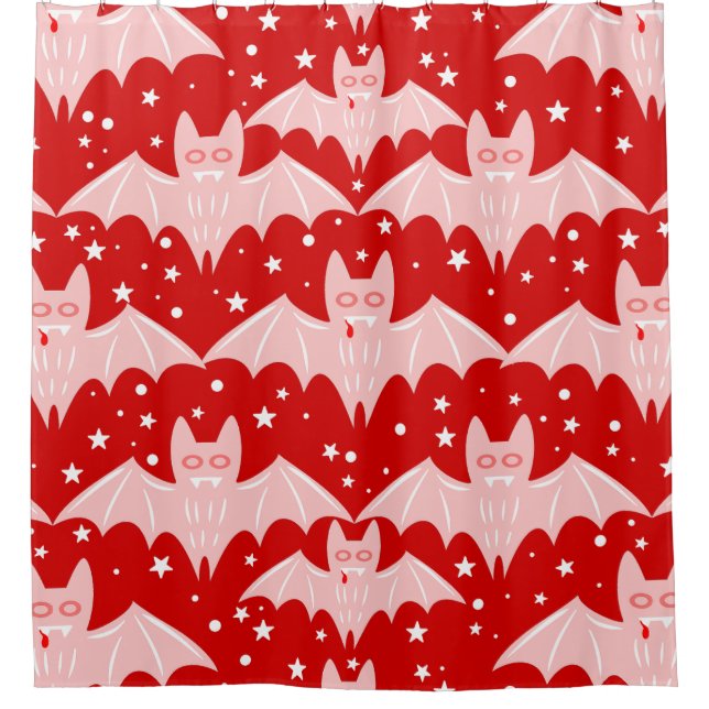 red pink halloween vampire bat fangs creepy shower curtain (Front)