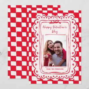 Red Pink Hand Drawn Bow Frame Photo Valentines Day Holiday Card