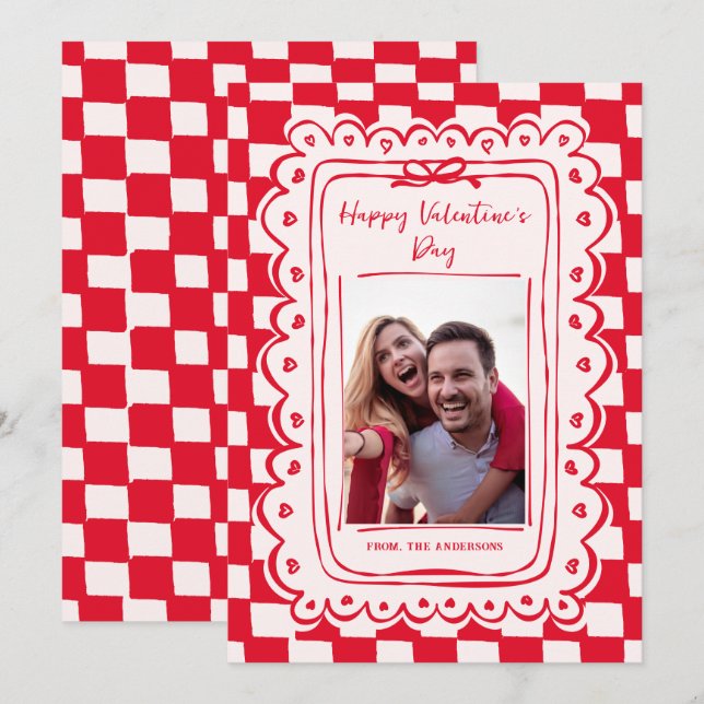Red Pink Hand Drawn Bow Frame Photo Valentines Day Holiday Card (Front/Back)