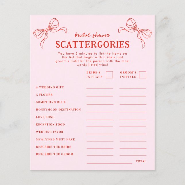 Red Pink Hand Drawn Bow Holiday Scattergories Game (Front)