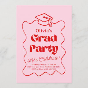 Red & Pink Hand Drawn Doodle Graduation Party Invitation