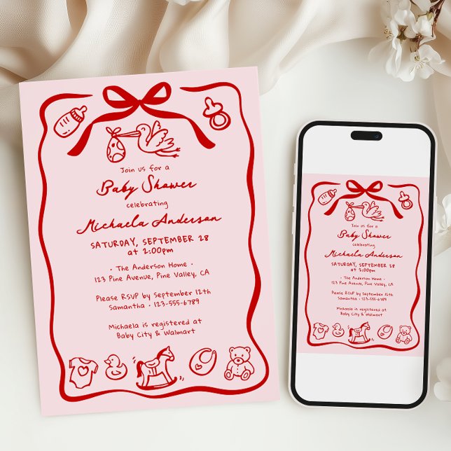 Red & Pink Hand Drawn Doodle Whimsical Baby Shower Invitation (Creator Uploaded)