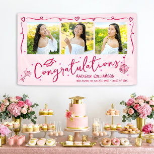 Red Pink Hand Drawn Doodles Graduation 3 Photo Fun Banner