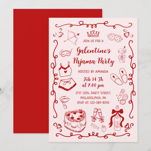 Red Pink Hand Drawn Galentine's Day Pajama Party Invitation (Front/Back)