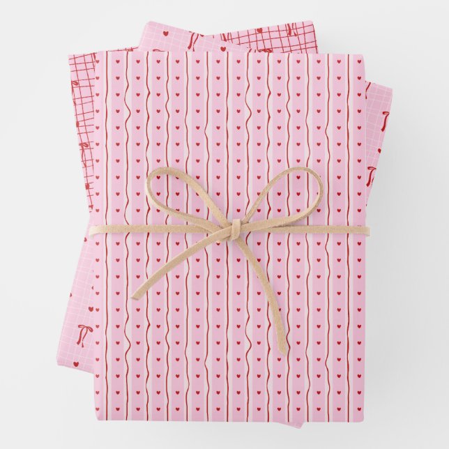 Red Pink Hand Drawn Hearts Bows Valentine’s Day Wr Wrapping Paper Sheet (In situ)