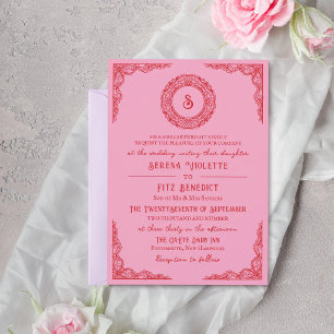 Red Pink Hand-Drawn Lace Vintage Monogram Invitation